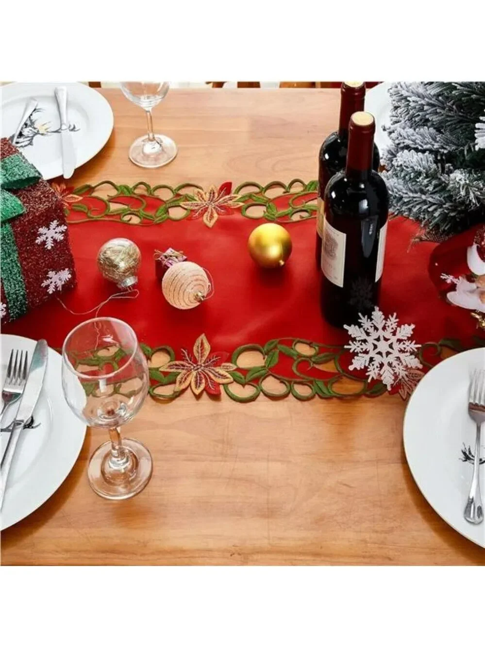 Christmas embroidered table runner red poinsettia green leaves holiday decor 69